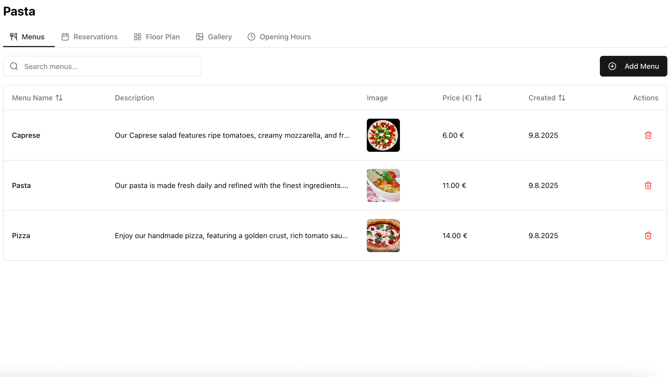 Speisekarten-Editor im Dashboard