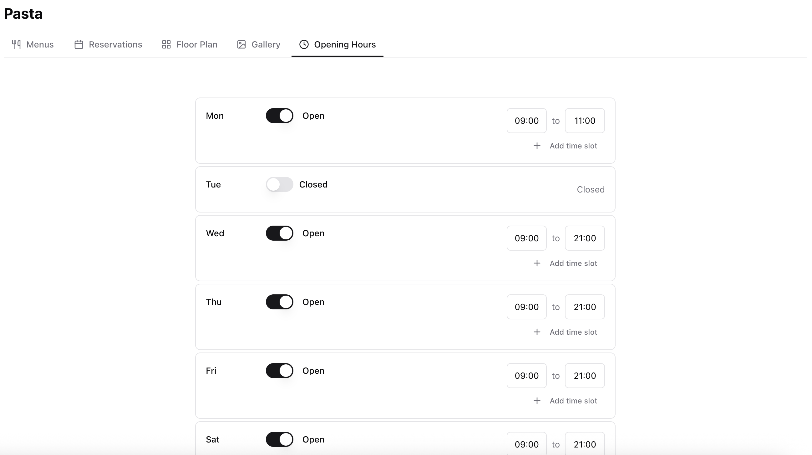 Editor für Öffnungszeiten im Dashboard